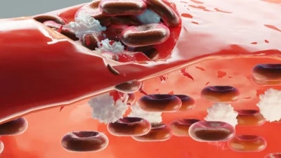 A 3D illustration of red and white blood cells, along with signs of a blood clot, flowing through a blood vessel, depicting the composition and function of human blood.