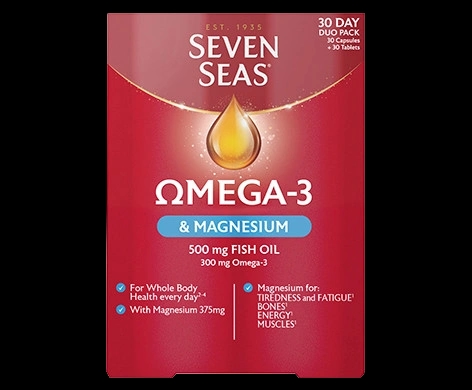 Seven Seas Omega-3 & Magnesium packaging which is available to order online from NowPatient with next day delivery