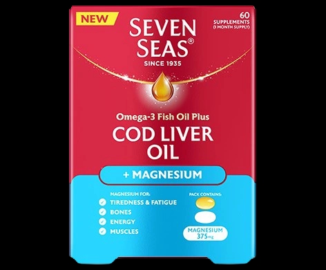 Seven Seas Omega-3 Fish Oil plus Cod Liver Oil + Magnesium packaging which is available to order online from NowPatient with next day delivery