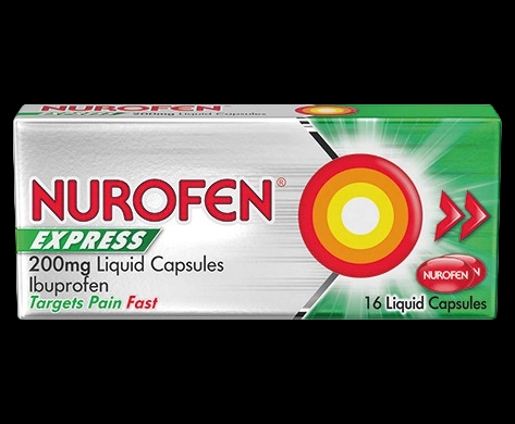Nurofen Express 200mg Liquid Capsules packaging which is available to order online from NowPatient with next day delivery