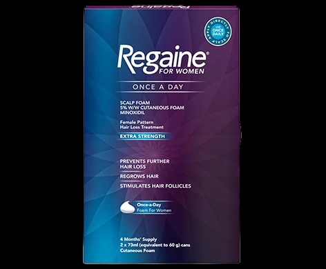 Regaine for Women Once A Day Scalp Foam packaging which is available to order online from NowPatient with next day delivery