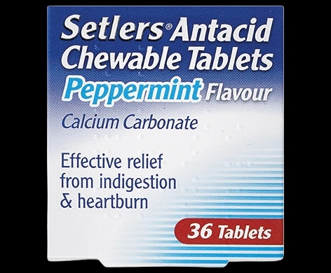 Setlers Antacid Chewable Tablets Peppermint Flavour packaging which is available to order online from NowPatient with next day delivery