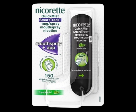 Nicorette QuickMist SmartTrack Mouthspray packaging which is available to order online from NowPatient with next day delivery