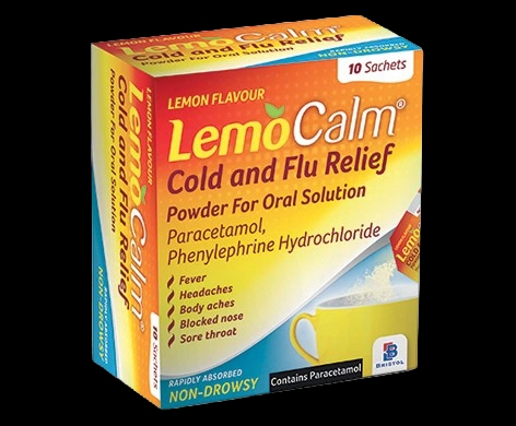 LemoCalm Cold and Flu Relief Powder for Oral Solution packaging which is available to order online from NowPatient with next day delivery