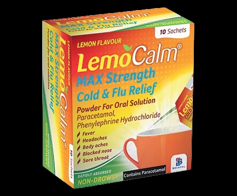 LemoCalm Max Strength Cold and Flu Relief Powder For Oral Solution packaging which is available to order online from NowPatient with next day delivery