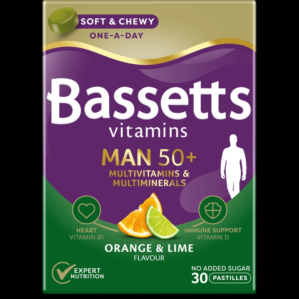 Bassetts Vitamins Man 50+ Multivitamins & Multiminerals Orange & Lime packaging which is available to order online from NowPatient with next day delivery