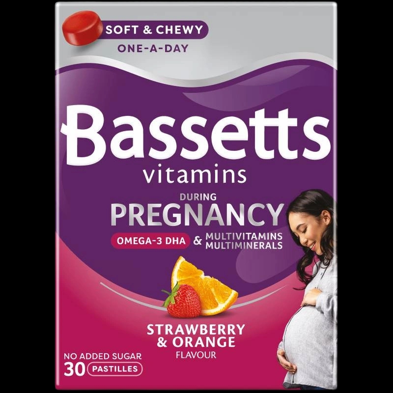 Bassetts Vitamins Pregnancy Omega-3 DHA, Multivitamins & Multiminerals Strawberry & Orange packaging which is available to order online from NowPatient with next day delivery