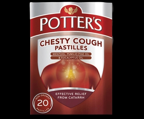 Potter’s Chesty Cough Pastilles packaging which is available to order online from NowPatient with next day delivery