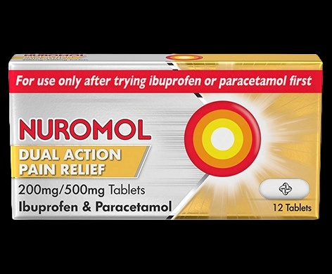 Nuromol Dual Action Pain Relief 200mg/500mg Tablets packaging which is available to order online from NowPatient with next day delivery