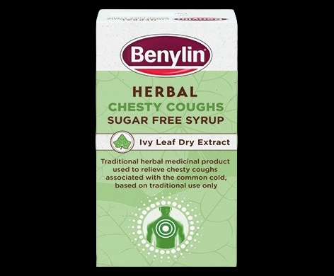Benylin Herbal Chesty Coughs Sugar Free Syrup packaging which is available to order online from NowPatient with next day delivery