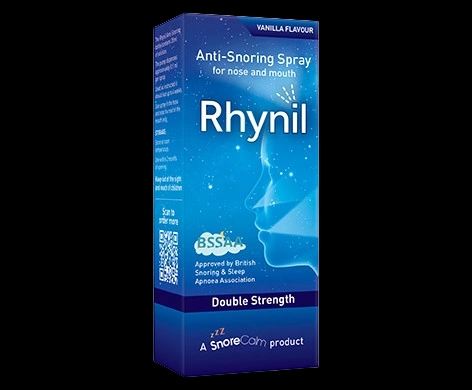 Rhynil Double Strength Anti-snoring Spray for Nose and Mouth packaging which is available to order online from NowPatient with next day delivery