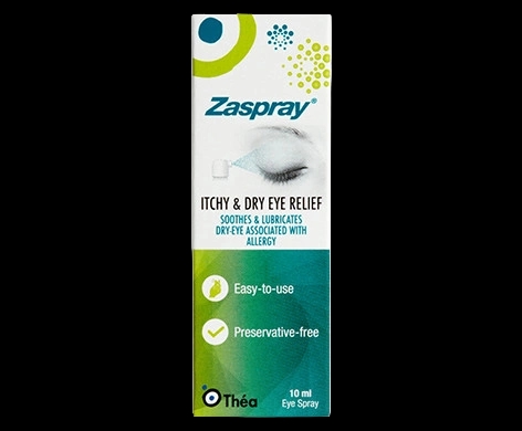 Zaspray Itchy & Dry Eye Relief Spray packaging which is available to order online from NowPatient with next day delivery