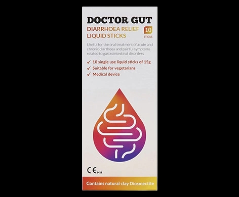 Doctor Gut Diarrhoea Relief Liquid Sticks packaging which is available to order online from NowPatient with next day delivery