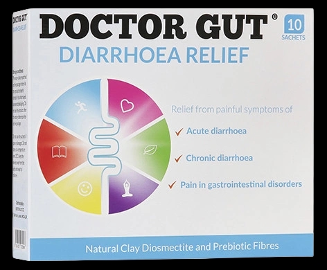 Doctor Gut Diarrhoea Relief Sachets packaging which is available to order online from NowPatient with next day delivery