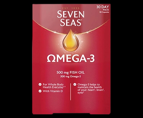 Seven Seas Omega-3 packaging which is available to order online from NowPatient with next day delivery