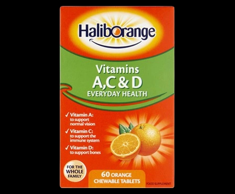 Haliborange Vitamins A, C & D Orange Chewable Tablets packaging which is available to order online from NowPatient with next day delivery