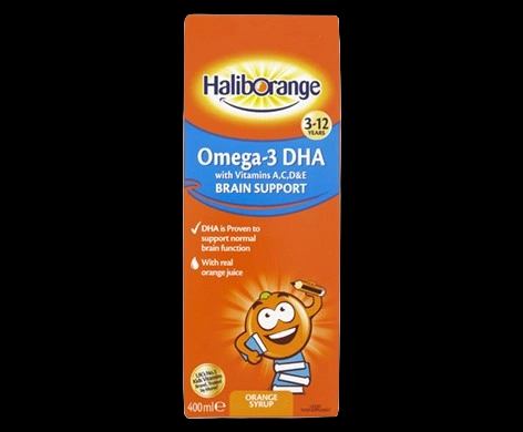 Haliborange Omega-3 DHA with Vitamins A, C, D & E Brain Support Orange Syrup packaging which is available to order online from NowPatient with next day delivery