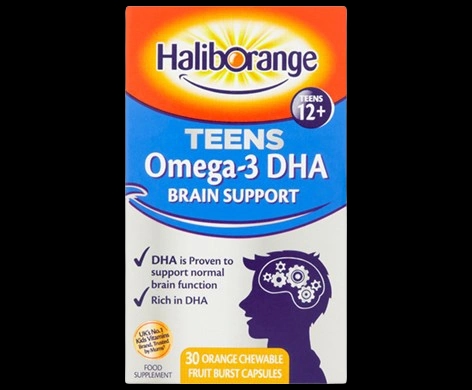 Haliborange Teens Omega-3 DHA Brain Support Fruit Bursts packaging which is available to order online from NowPatient with next day delivery