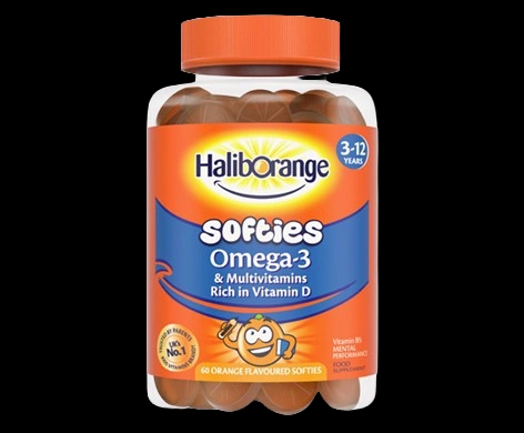 Haliborange Omega-3 & Multivitamins Orange Softies packaging which is available to order online from NowPatient with next day delivery