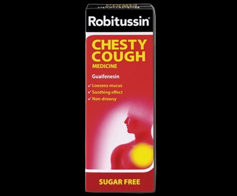 Robitussin Chesty Cough Medicine packaging which is available to order online from NowPatient with next day delivery