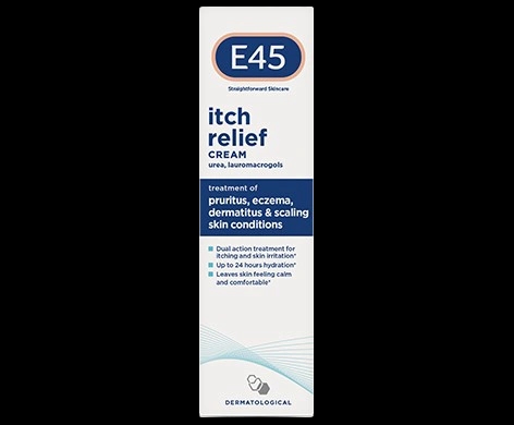 E45 Itch Relief Cream packaging which is available to order online from NowPatient with next day delivery
