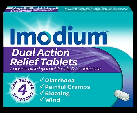 Imodium Dual Action Relief Tablets packaging which is available to order online from NowPatient with next day delivery