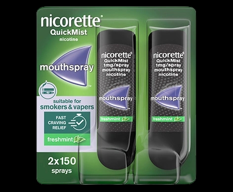 Nicorette QuickMist 1mg/spray Mouthspray packaging which is available to order online from NowPatient with next day delivery