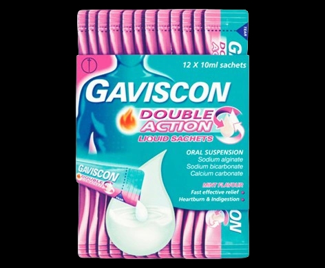 Gaviscon Double Action Liquid Sachets packaging which is available to order online from NowPatient with next day delivery