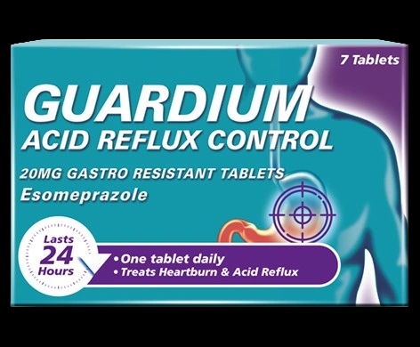 Guardium Acid Reflux Control 20mg Gastro Resistant Tablets Esomeprazole packaging which is available to order online from NowPatient with next day delivery