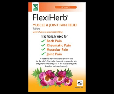 FlexiHerb Muscle & Joint Pain Relief Tablets packaging which is available to order online from NowPatient with next day delivery