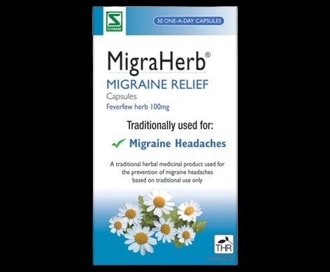 MigraHerb Migraine Relief Capsules packaging which is available to order online from NowPatient with next day delivery