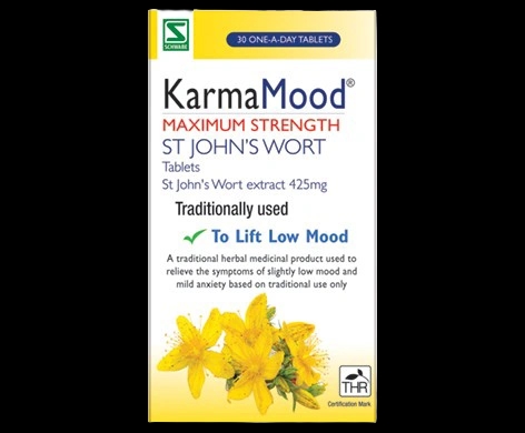 Karmamood Maximum Strength St John’s Wort Tablets packaging which is available to order online from NowPatient with next day delivery