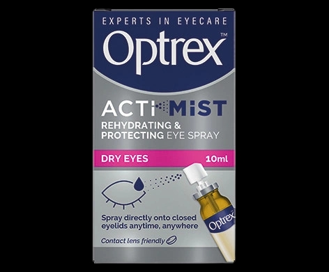 Optrex ActiMist Rehydrating & Protecting Eye Spray Dry Eyes packaging which is available to order online from NowPatient with next day delivery