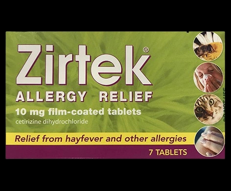 Zirtek Allergy Relief packaging which is available to order online from NowPatient with next day delivery
