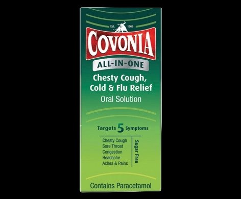 Covonia All-in-One Chesty Cough, Cold & Flu Relief Oral Solution packaging which is available to order online from NowPatient with next day delivery