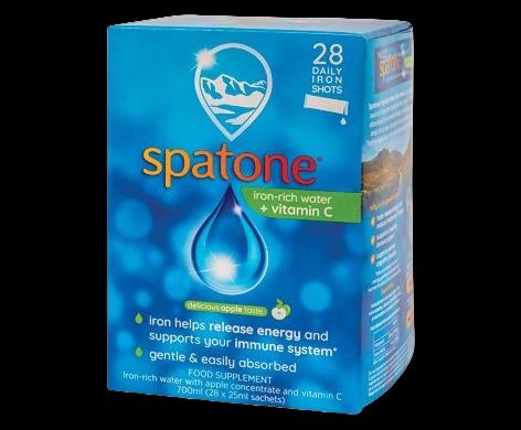 Spatone Iron-Rich Water + Vitamin C packaging which is available to order online from NowPatient with next day delivery