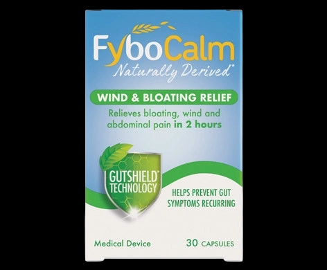 Fybocalm Wind & Bloating Relief packaging which is available to order online from NowPatient with next day delivery