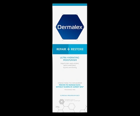 Dermalex Repair + Restore packaging which is available to order online from NowPatient with next day delivery