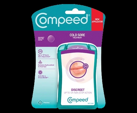 Compeed Cold Sore Discreet Healing Patch packaging which is available to order online from NowPatient with next day delivery