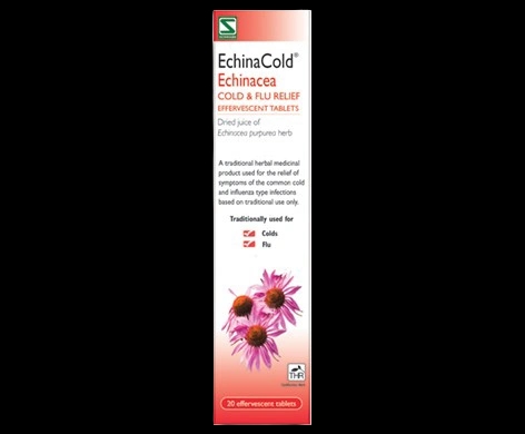 EchinaCold Echinacea Cold & Flu Relief Effervescent Tablets packaging which is available to order online from NowPatient with next day delivery