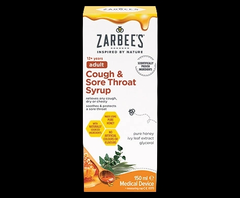 Zarbee’s Adult Cough & Sore Throat Syrup packaging which is available to order online from NowPatient with next day delivery