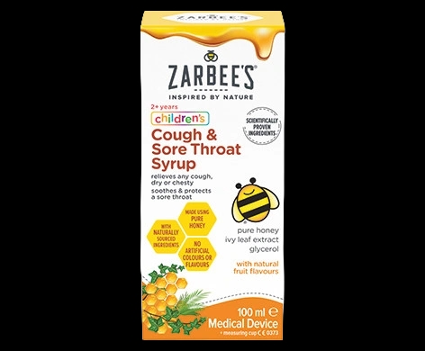 Zarbee’s Children’s Cough & Sore Throat Syrup packaging which is available to order online from NowPatient with next day delivery