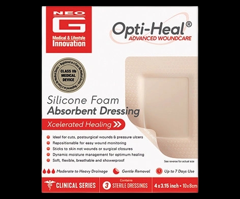 Opti-Heal Silicone Foam Absorbent Dressing packaging which is available to order online from NowPatient with next day delivery