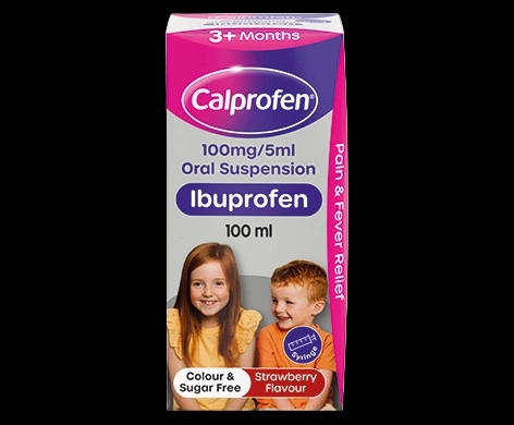 Calprofen 100mg/5ml Oral Suspension Ibuprofen packaging which is available to order online from NowPatient with next day delivery