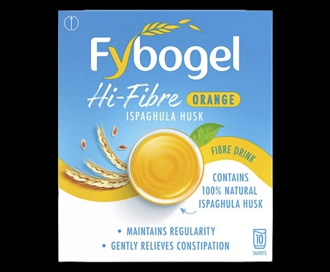 Fybogel Hi-Fibre Orange packaging which is available to order online from NowPatient with next day delivery