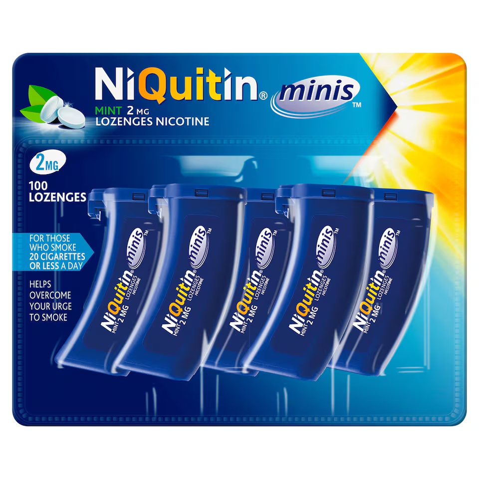 NiQuitin Minis Mint 2mg Lozenges packaging which is available to order online from NowPatient with next day delivery