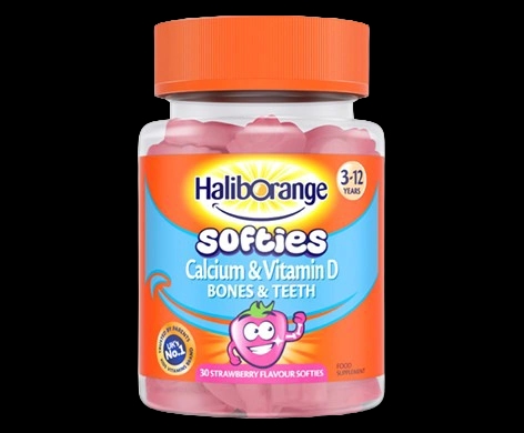Haliborange Calcium and Vitamin D Strawberry Softies packaging which is available to order online from NowPatient with next day delivery