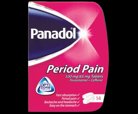 Panadol Period Pain 500mg/65mg Tablets packaging which is available to order online from NowPatient with next day delivery