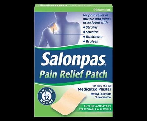 Salonpas Pain Relief Patch packaging which is available to order online from NowPatient with next day delivery