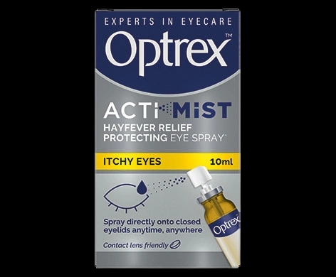 Optrex Actimist Hayfever Relief Protecting Eye Spray Itchy Eyes packaging which is available to order online from NowPatient with next day delivery